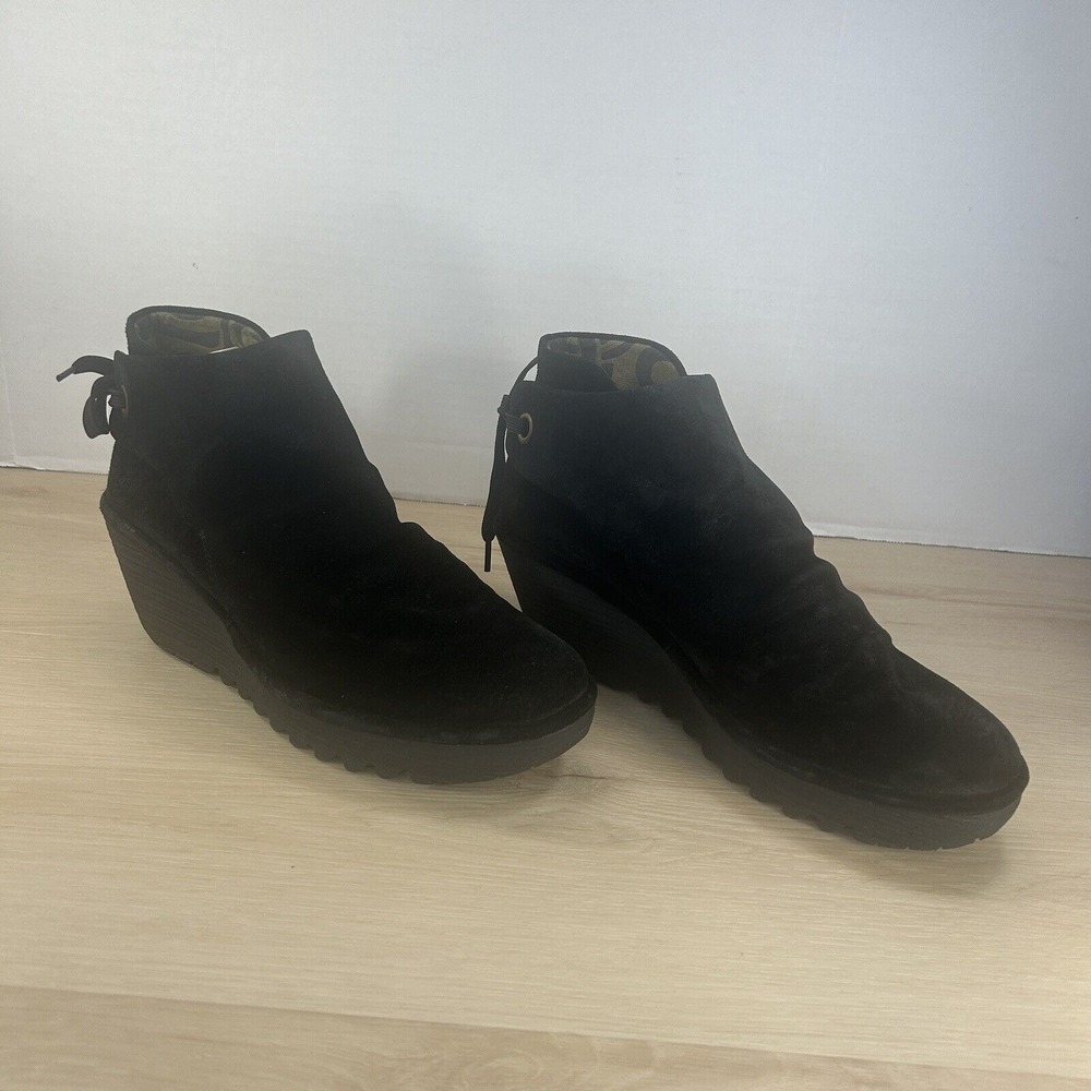 FLY London YEBI Black Suede Ruched Ankle Wedge Boots Tie-Back Womens 40 / 9-9.5 - Picture 2 of 12